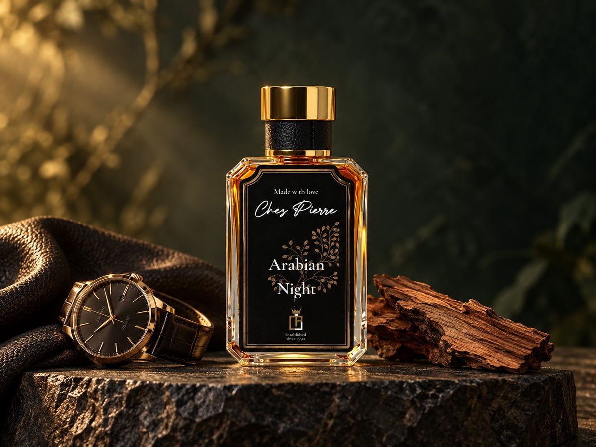 Chez Pierre Arabian Night Extrait de Parfum with a gold watch and oud wood – men’s French oil perfume, Opulent Perfumes UAE