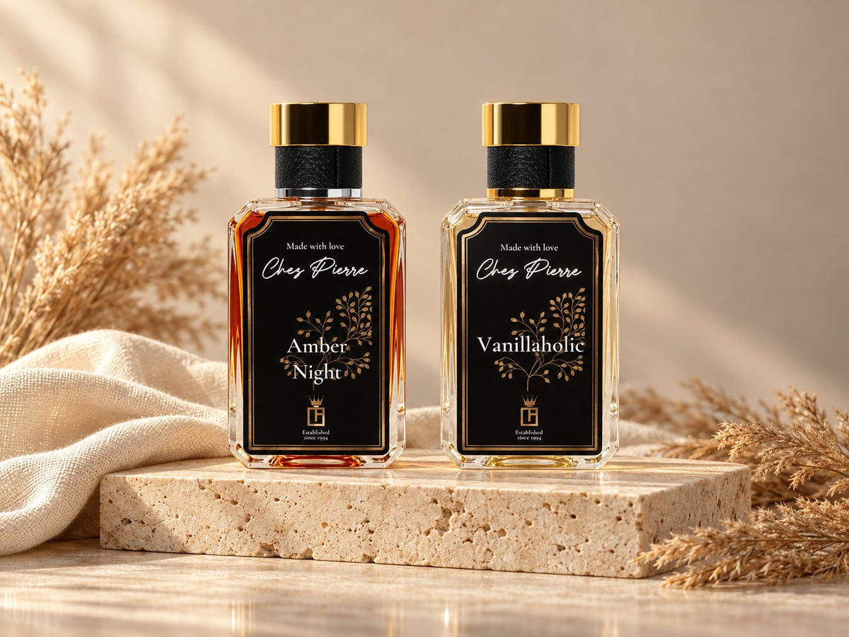 Chez Pierre Amber Night and Vanillaholic Extrait de Parfum on travertine stone – unisex French oil perfumes, Opulent Perfumes UAE