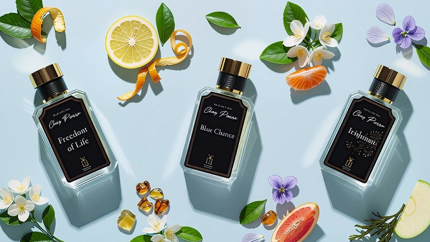 Fresh and citrus perfume collection showcase featuring three luxury French oil perfume bottles with fresh notes by Opulent Perfumes UAE