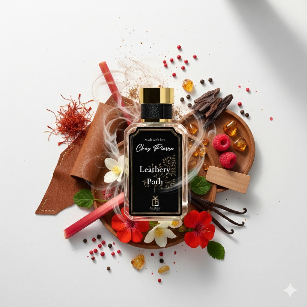 Leathery Path by Chez Pierre – inspired by Tuscan Leather, Tom Ford, rich leather French oil perfume from Opulent Perfumes UAE.