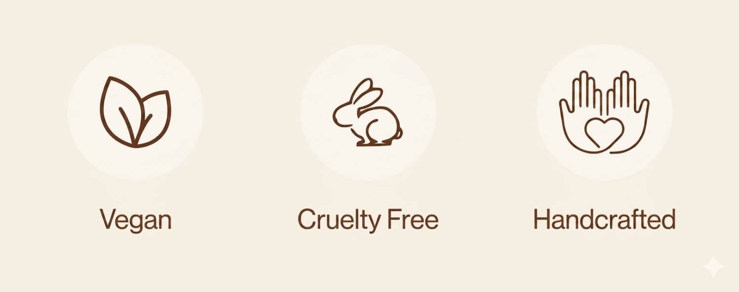 Opulent Perfumes product features showing vegan cruelty free and handcrafted product badges
