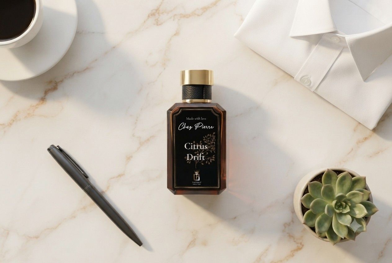 Best office perfume UAE 2026 — Citrus Drift Extrait de Parfum by Chez Pierre at Opulent Perfumes, long lasting no headache French oil
