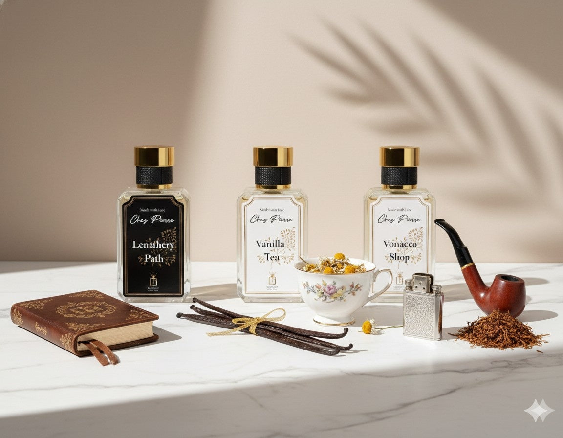 LEATHERY PATH, CINNAMON TEA and TOBACCO SHOP by Chez Pierre — French oil Extrait de Parfum 50ml collection by Opulent Perfumes UAE