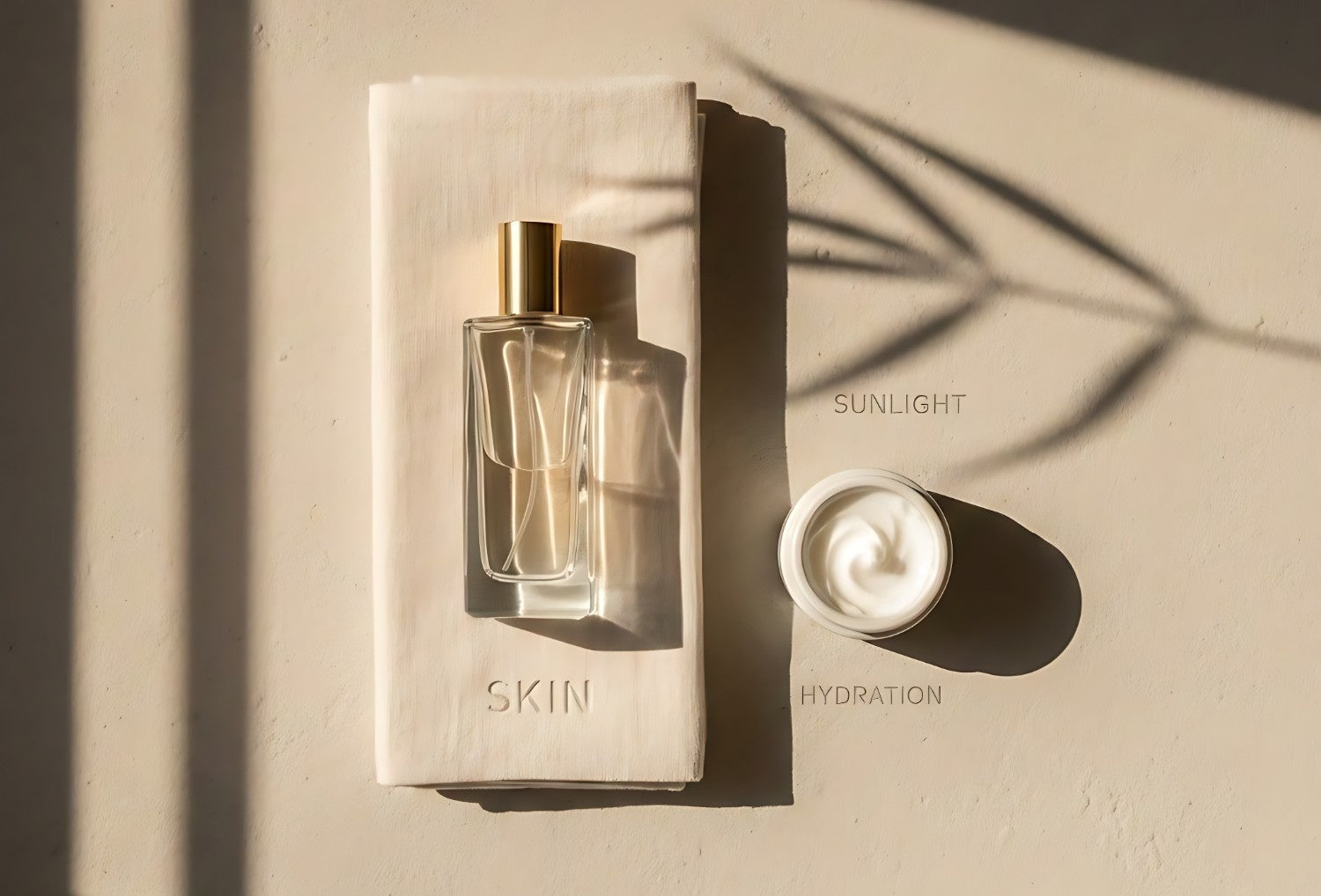  bottle placed next to fabric and hydration cream, illustrating factors affecting perfume longevity on skin and clothing