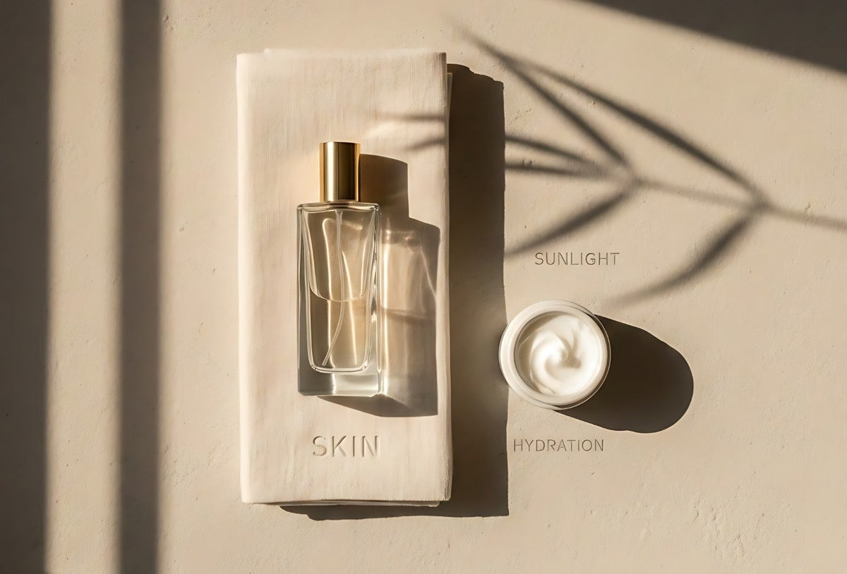  bottle placed next to fabric and hydration cream, illustrating factors affecting perfume longevity on skin and clothing