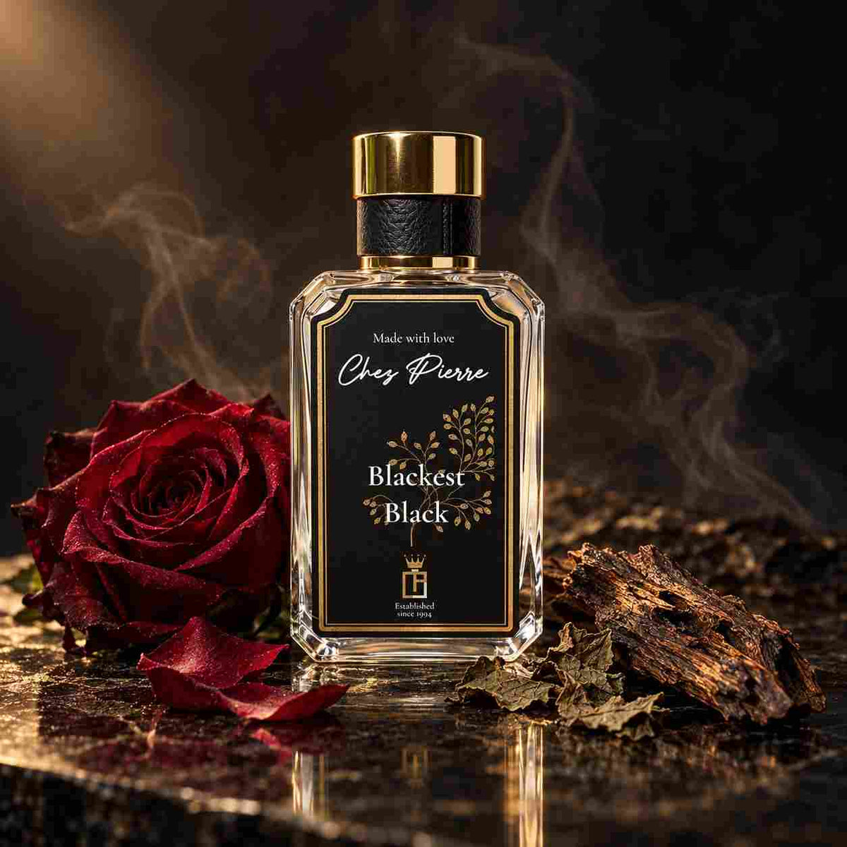 BLACKEST BLACK Extrait de Parfum 50ml by Chez Pierre with red rose, oud wood and patchouli leaves – Opulent Perfumes UAE