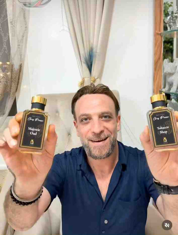 A modern gentleman spraying a premium, long-lasting signature cologne by Chez Pierre Perfumes in Dubai