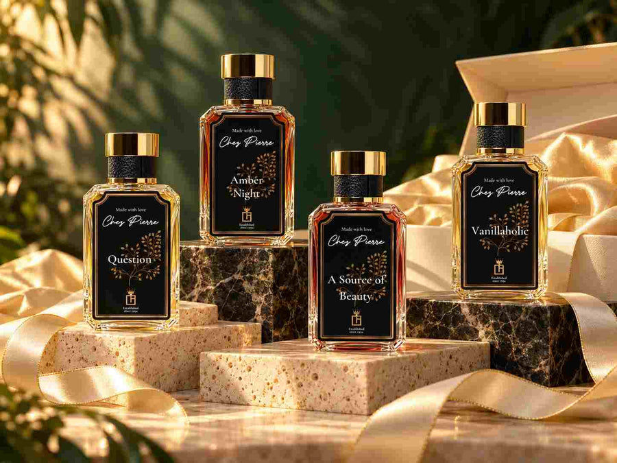 Four Chez Pierre Extrait de Parfum bottles arranged as a gift collection with a cream gift box and gold silk, perfume bundle offer in the UAE