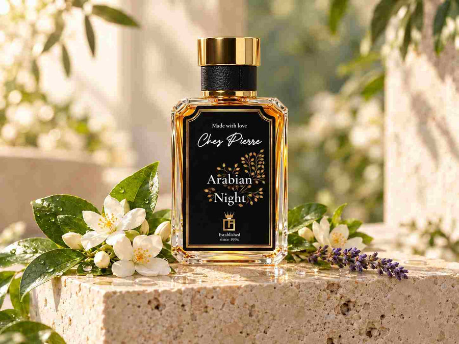 Chez Pierre Extrait de Parfum bottle on travertine stone with fresh green leaves and white jasmine, vegan and cruelty-free perfume in the UAE
