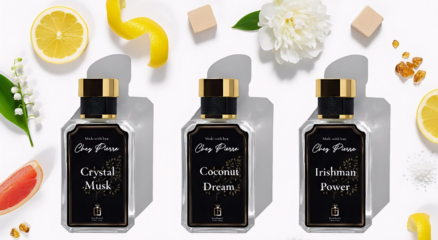 Floral and musk perfume collection showcase featuring three luxury French oil perfume bottles with elegant floral and musk notes by Opulent Perfumes UAE