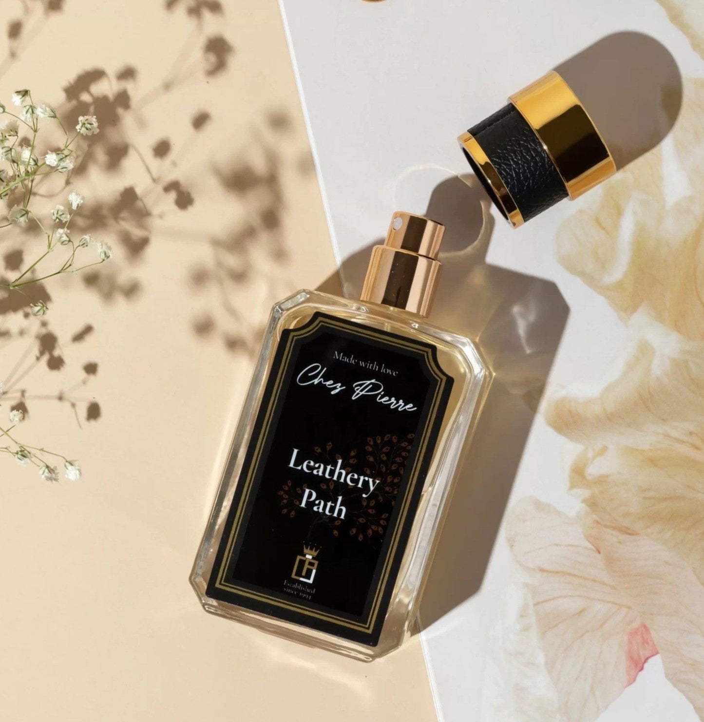 Leathery Path by Chez Pierre – inspired by Tuscan Leather, Tom Ford, rich leather French oil perfume from Opulent Perfumes UAE.