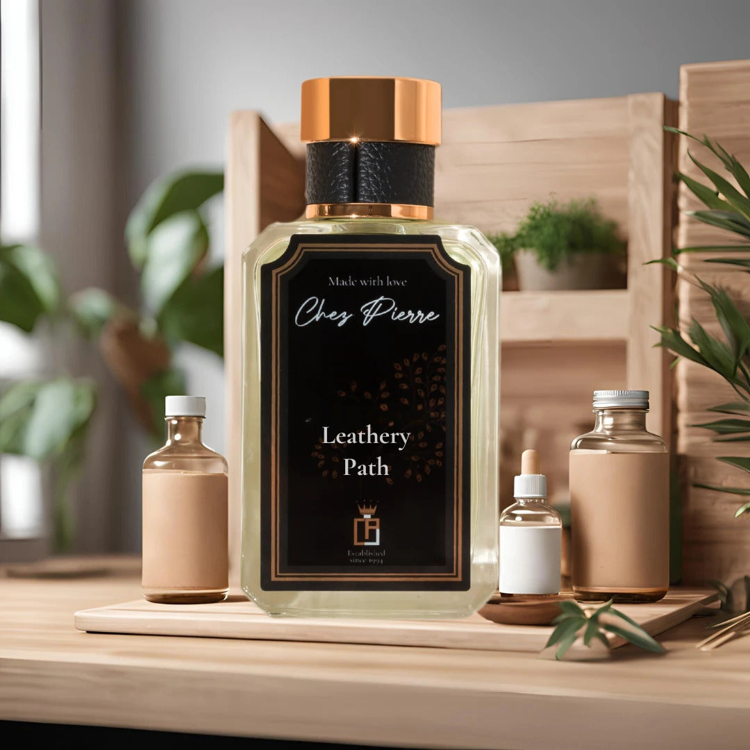 Leathery Path by Chez Pierre – inspired by Tuscan Leather, Tom Ford, rich leather French oil perfume from Opulent Perfumes UAE.