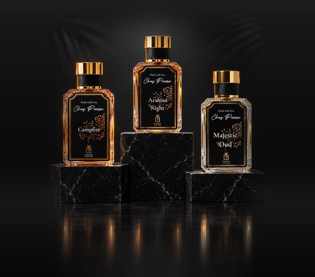 Chez Pierre perfumes Campfire, Arabian Night and Majestic Oud on black marble – Opulent Perfumes UAE