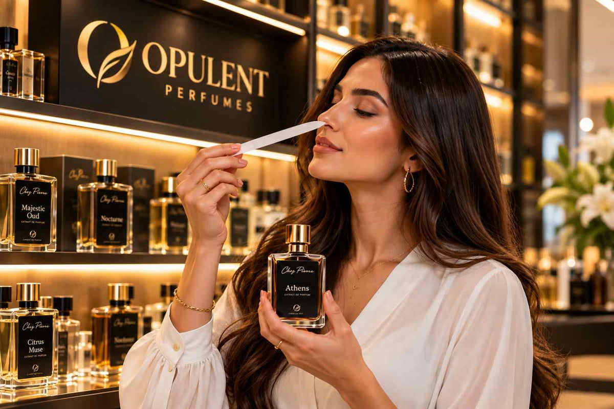 Woman discovering luxury perfume at Opulent Perfumes UAE