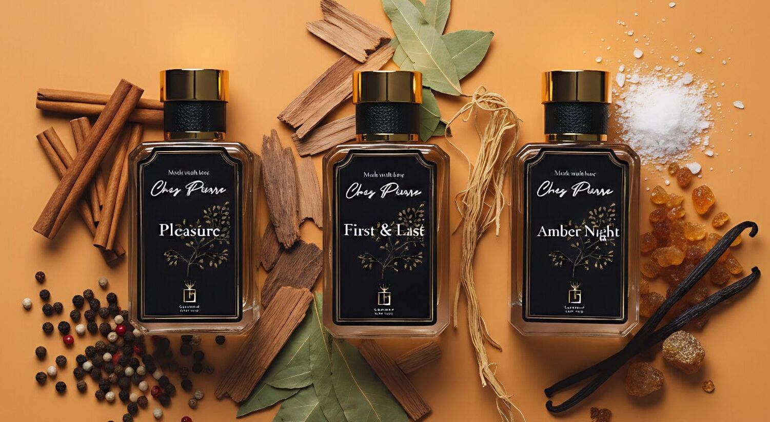 Oriental and amber perfume collection showcase featuring three luxury French oil perfume bottles with rich oriental and amber notes by Opulent Perfumes UAE