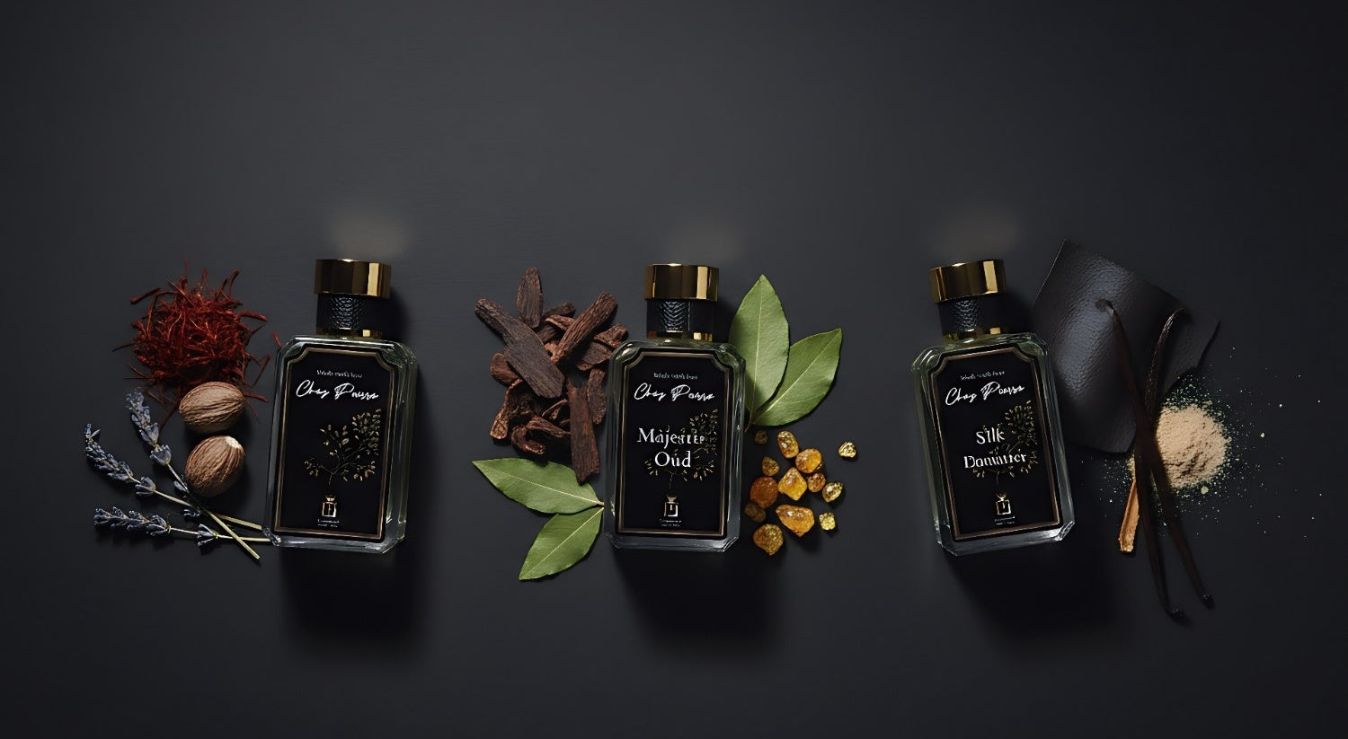 Oud and leather perfume collection showcase featuring three luxury French oil perfume bottles with rich oud and leather notes by Opulent Perfumes UAE