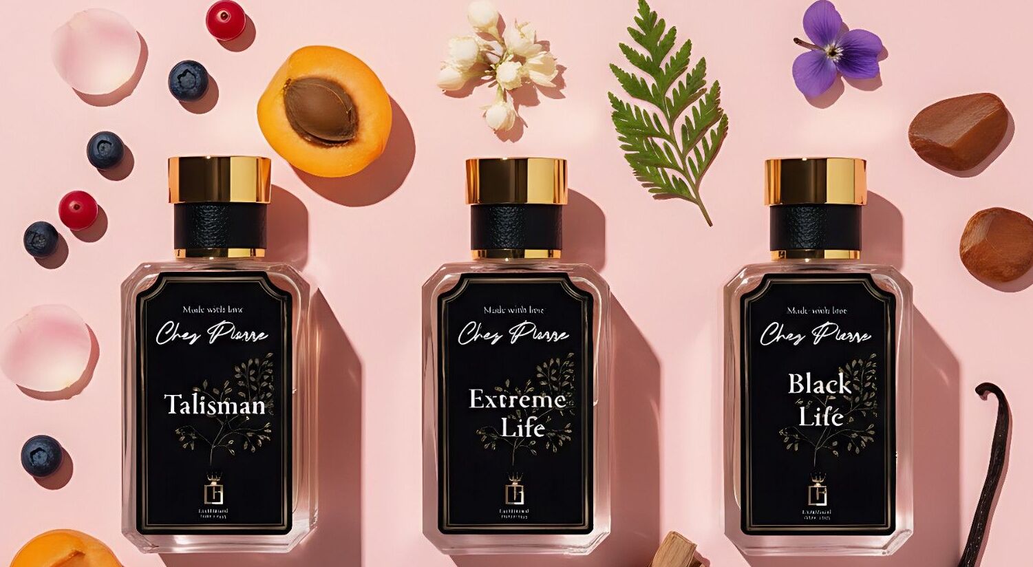 Sweet and gourmand perfume collection showcase featuring three luxury French oil perfume bottles with sweet and gourmand notes by Opulent Perfumes UAE